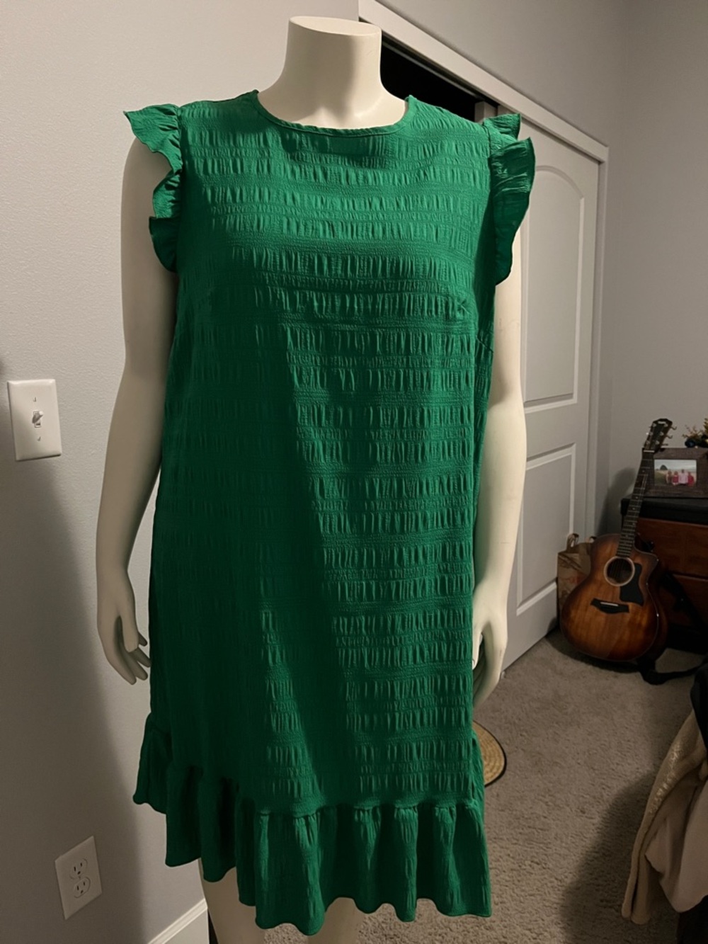 SHEIN Green Textured Ruffle-Hem Midi Dress